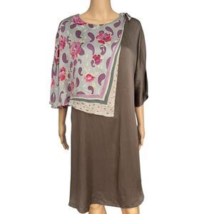 100% silk brown tunic blouse dress attached paisley scarf size L